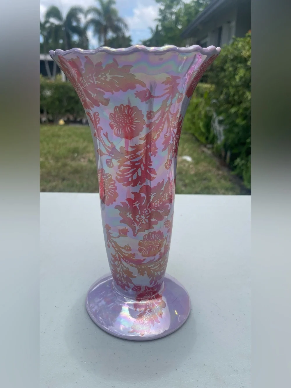 Anthropologie Iridescent Pink Floral Glass Vase